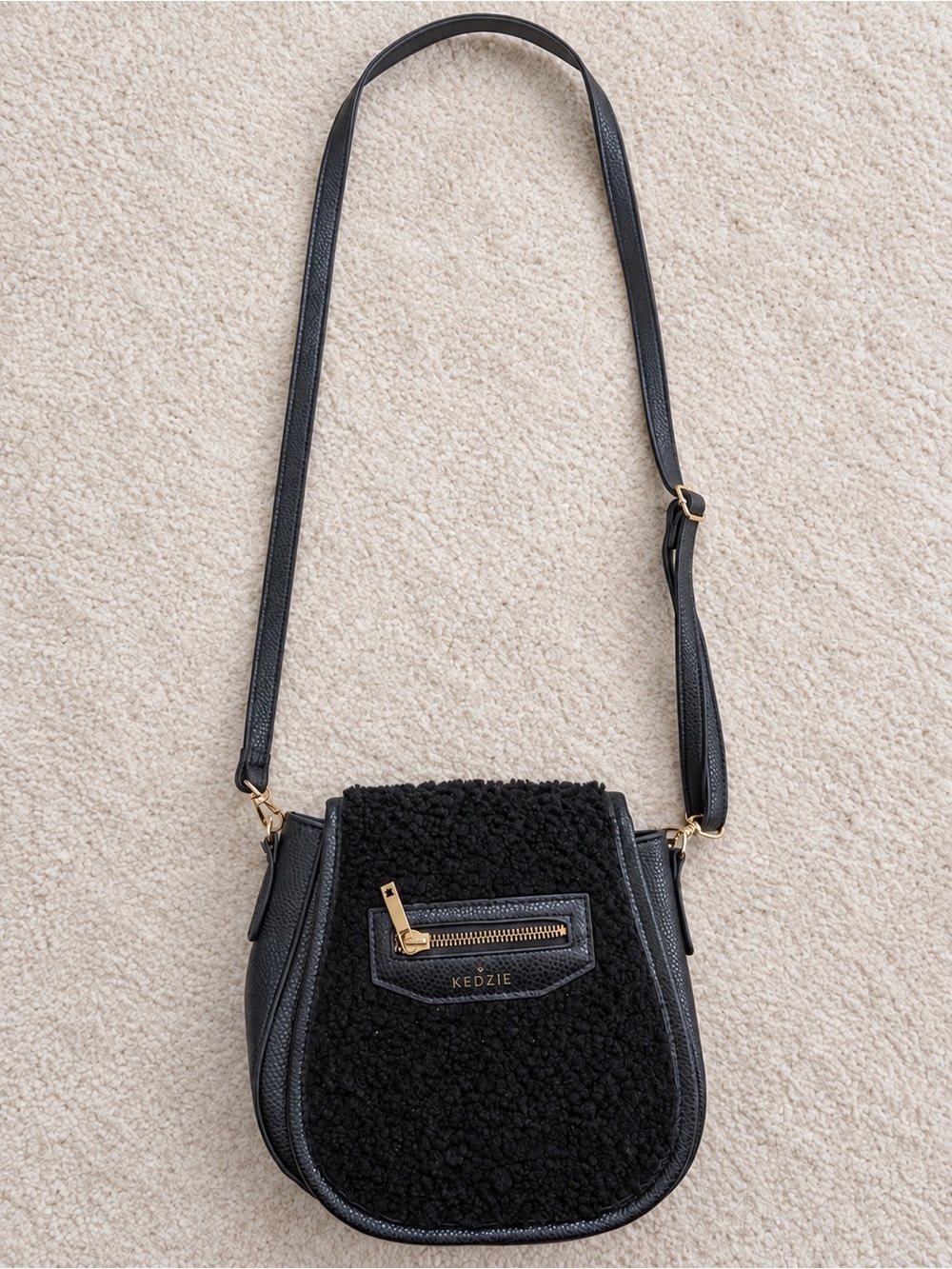 Kedzie Black Sherpa Crossbody Bag with Gold Hardware